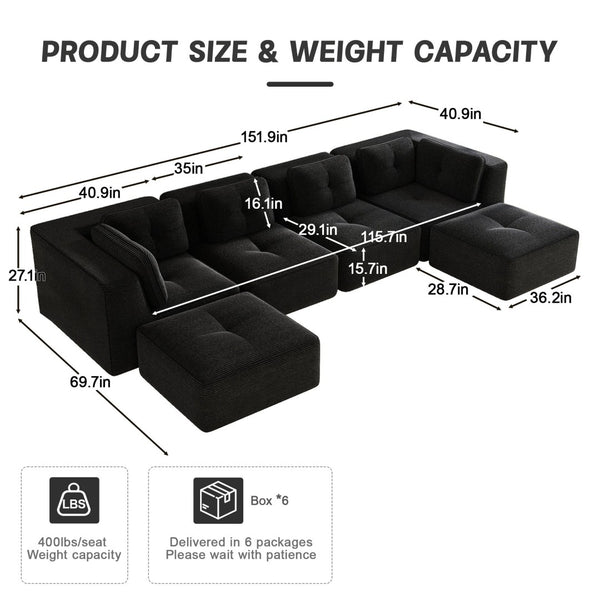 English Elm Modern Corduroy U-shaped Sectional with Deep Seating Two Ottomans Tufted Detail Black W714S01794