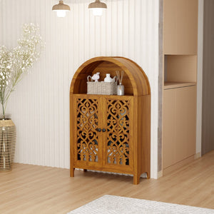 English Elm Hand-carved Solid Wood Tall Narrow Cabinet with Floral Arched Doors and Open Shelving W3123P485765