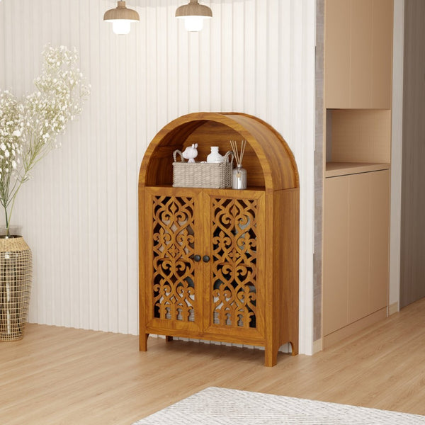 English Elm Hand-carved Solid Wood Tall Narrow Cabinet with Floral Arched Doors and Open Shelving W3123P485765