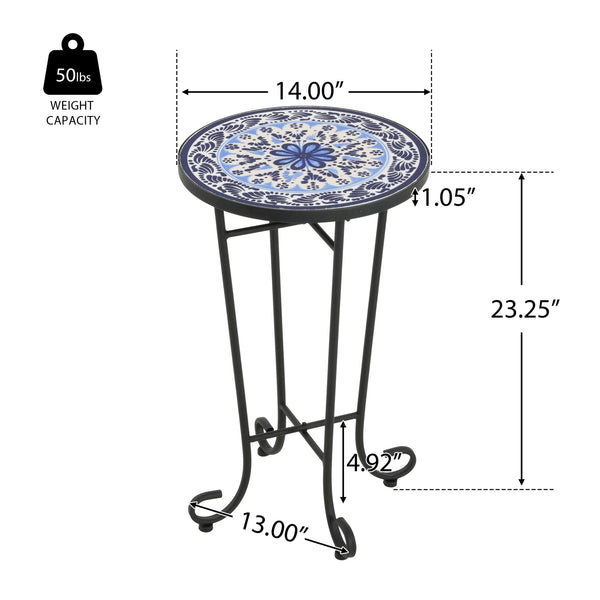 English Elm Christopher Knight Home® - Patio Side Table with Vibrant Ceramic Floral Top, Powder-Coated Steel Frame, Weather-Resistant Finish Black+Blue N768P214929B