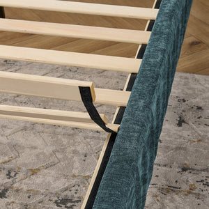 English Elm Queen Modern Upholstered Platform Bed with Pleated Chenille Headboard, Built-In Nightstand & Lamp Blue-Green W487S00400