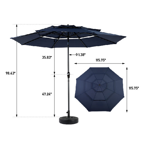 English Elm Aluminium 10ft 3-Tier Auto-Tilt Patio Umbrella with Crank, Ventilated 8-Rib Aluminum Frame Sunshade Navy Blue W640P234558