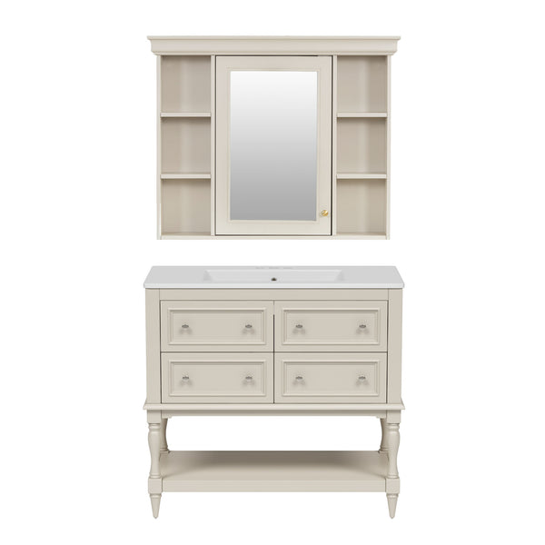 English Elm 36'' Modern Bathroom Vanity with Ceramic Sink and Medicine Cabinet, Solid Wood Frame, 4 Drawers, Waterproof Finish Beige SW000138AAY-1