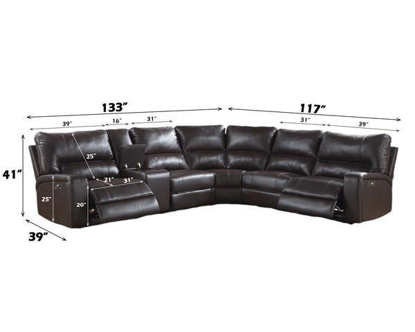 English Elm Saul Espresso Faux Leather Power Recliner Sectional Sofa with USB, Cupholders & Storage Console B2726S00123