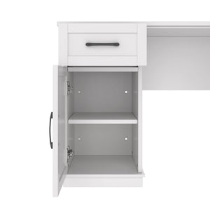 English Elm L-Shaped Corner Desk with 3 Cabinets, 2 Drawers & 11 Shelves, Built-In Power Outlet for Home Office White W1580S00188