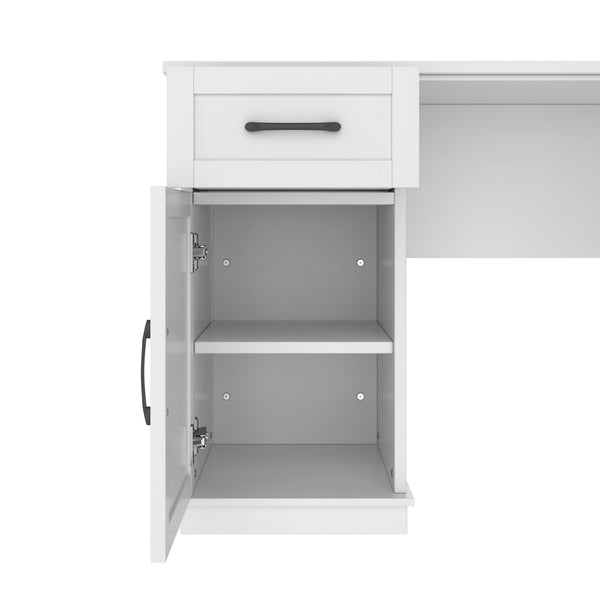 English Elm L-Shaped Corner Desk with 3 Cabinets, 2 Drawers & 11 Shelves, Built-In Power Outlet for Home Office White W1580S00188