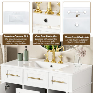 English Elm 36" White Bathroom Vanity Cabinet with Ceramic Sink, Gold Handles, Soft-Close Drawers & Adjustable Shelf N729P204177K