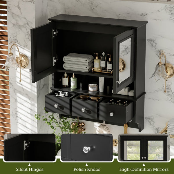 English Elm 4-in-1 Wall Mounted Bathroom Cabinet with Mirror Drawers and Towel Hooks Vanity Black N710P405416B