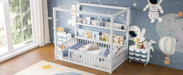 English Elm Twin House Floor Bed with Door and Full-Length Guardrails, Solid Wood Double Twin Floor Bed for Kids' Playful Rooms Light White W1580P359327