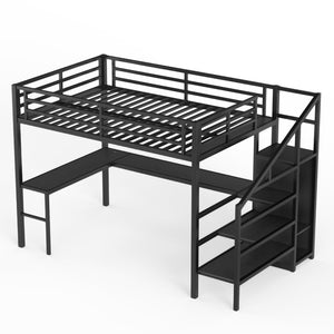English Elm Twin Xl Metal Loft Bed with Stair Storage Shelves Sturdy Steel Frame for Dorms W1580S00063