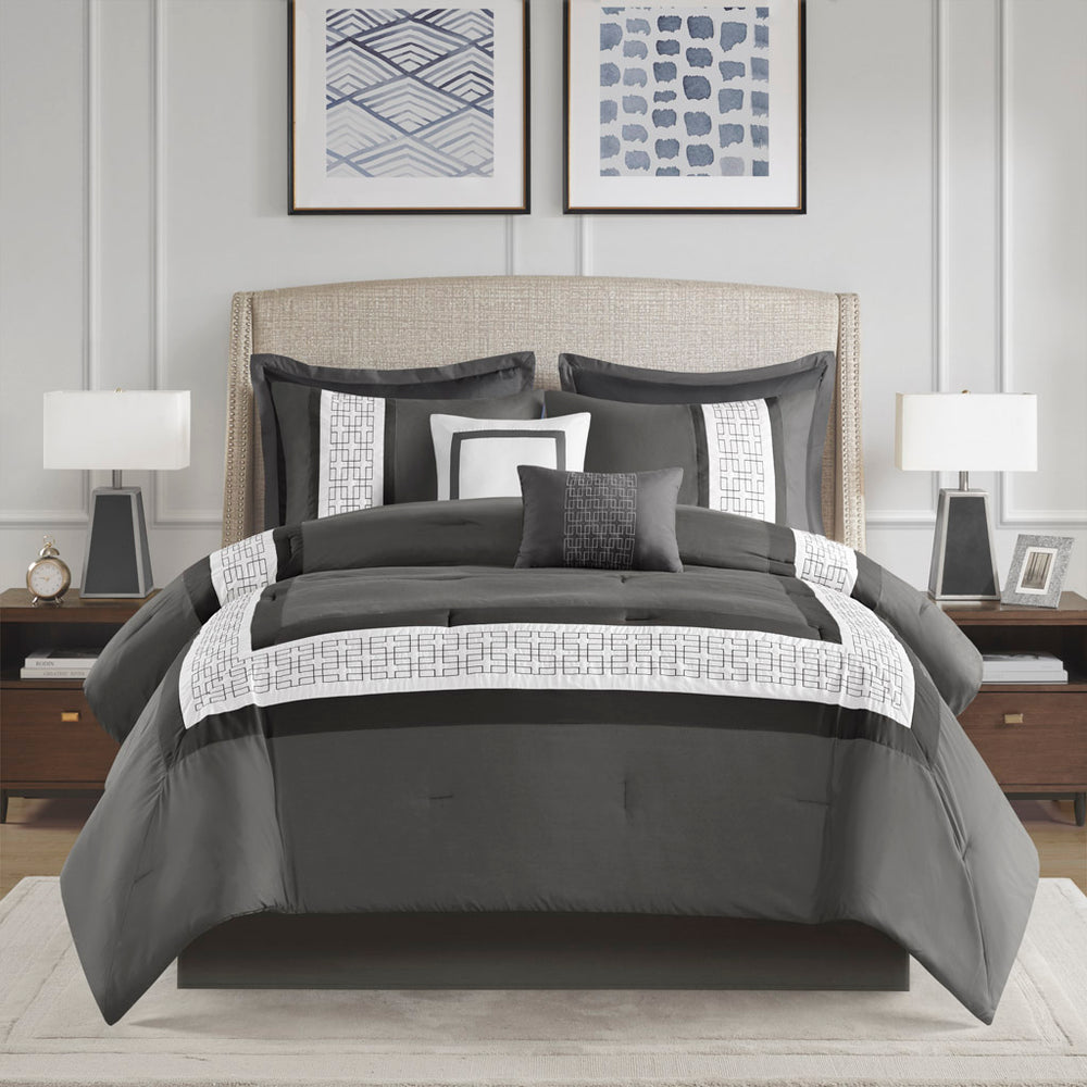 JLA Home 510 Design - 8 Piece Embroidered Comforter Set Hotel-Inspired Transitional Bedding with Hypoallergenic Fill & Elegant Trim Dark Grey 5DS10-0296