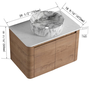 English Elm 30'' Wall-Mounted Bathroom Vanity With Elegant Ceramic Art Sink, Soft-Close Doors & Space-Saving Design W999S00390