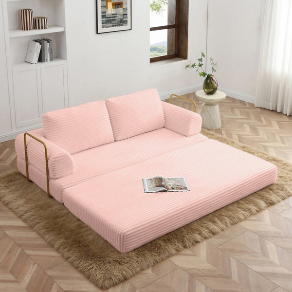 English Elm Convertible Floor Sofa Futon with Corduroy Upholstery for Living Room Lounging and Sleeping Pink W1117P434734