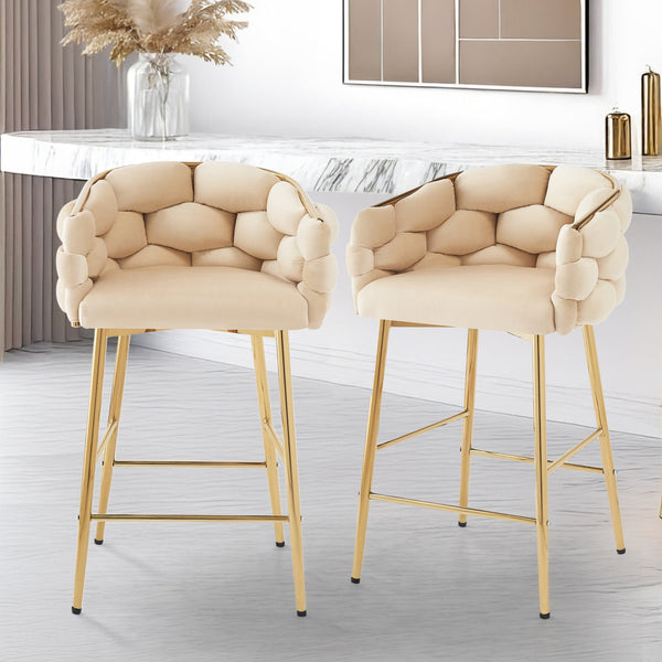 English Elm Christopher Knight Home® - 28'' Velvet Counter Stools Set of 2 with Gold Iron Frame, Plush Back & Footrest for Kitchen Beige N780P199861W