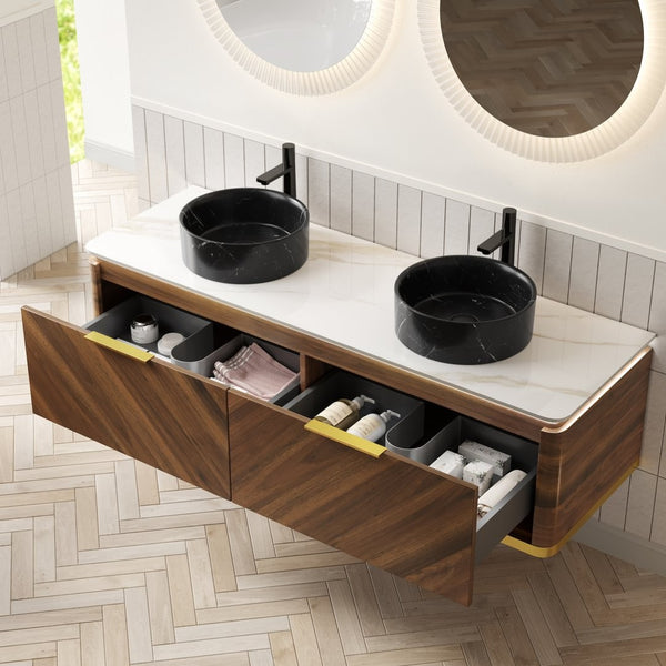 English Elm Dina 60 Inch Floating Bathroom Vanity Sintered Stone Top Dual Glass Basins Wood Grain W2615S00577