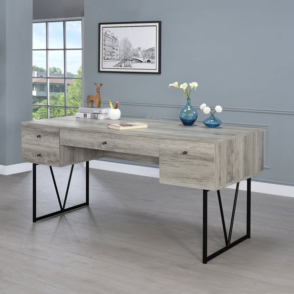 English Elm 1pc Rustic Industrial 63-inch 4-Drawer Writing Desk with Open Shelf, Wood Grain Top and Black Metal Legs Driftwood,Gray 74.21 L x 32.28 W x 6.5 H B011P362070