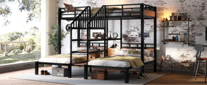 English Elm Twin Triple Bunk Bed Black Metal Frame with Built-in Storage Stairs and Shelves W1580S00619