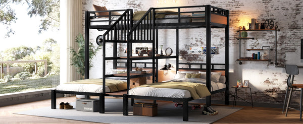 English Elm Twin Triple Bunk Bed Black Metal Frame with Built-in Storage Stairs and Shelves W1580S00619