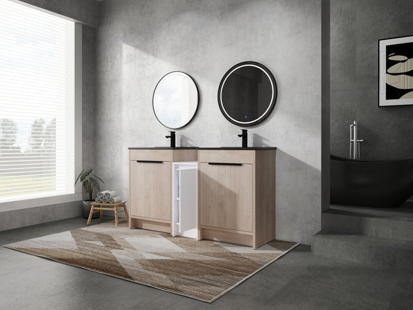 English Elm 60 Inch Freestanding Bathroom Vanity With Black Ceramic Sink, Soft-Close Doors & Storage Solutions W999S00317