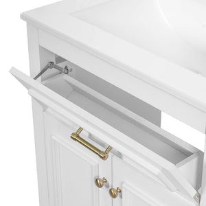 English Elm 24" Matte Single Sink Vanity Solid Poplar Frame Gold Hardware Soft Close Cabinet White N710P389449K