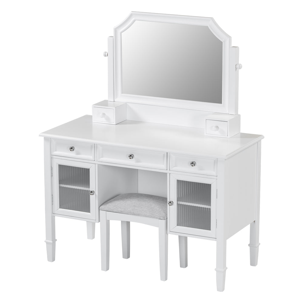 English Elm 44.4" Elegant Makeup Vanity Desk with Swivel Mirror, 5 Drawers, Cabinets & Padded Stool — White N844P292486A