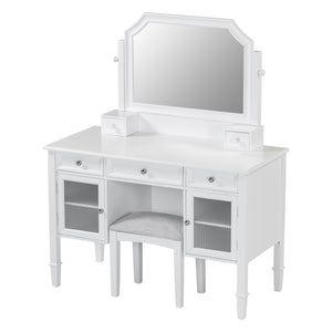 English Elm 44.4" Elegant Makeup Vanity Desk with Swivel Mirror, 5 Drawers, Cabinets & Padded Stool — White N844P292486A