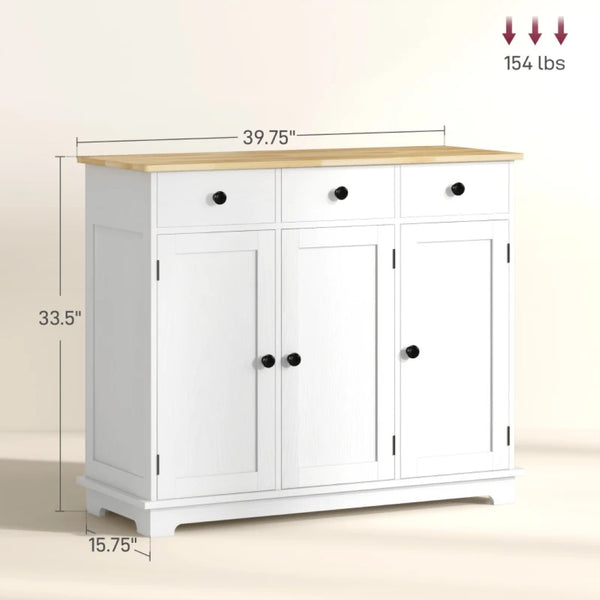 English Elm Entryway Floor Cabinet with Three Drawers Adjustable Shelf and Rubberwood Top T3971P465351