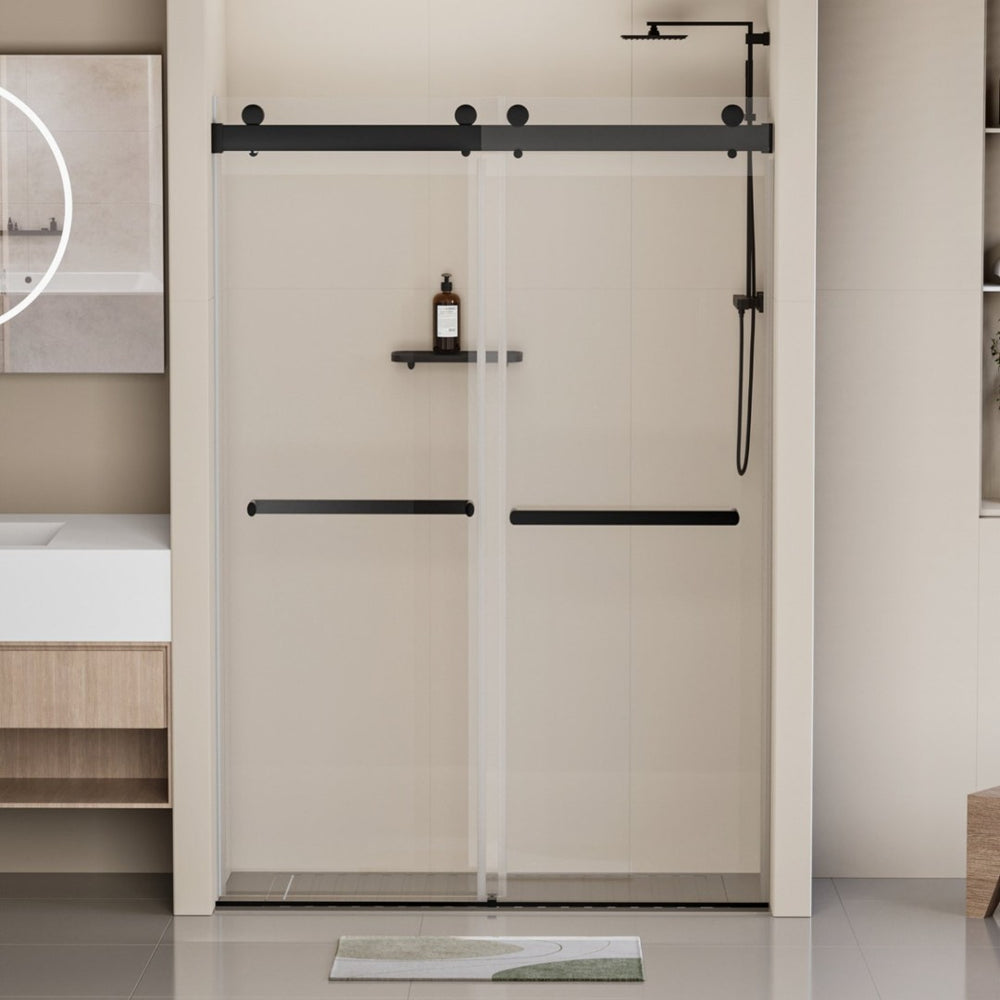 English Elm 44-48 in Frameless Double Sliding Shower Door Clear Tempered Glass Matte Black Hardware W1920P181714