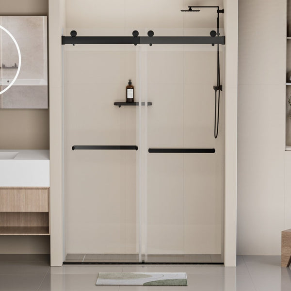 English Elm 44-48 in Frameless Double Sliding Shower Door Clear Tempered Glass Matte Black Hardware W1920P181714