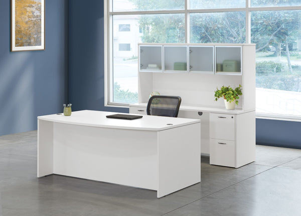 OSP Home Furnishings Napa Executive Desk with Glass Doors Overhead Storage and Locking Pedestal Filing Unit NAPWHT-TYP11G