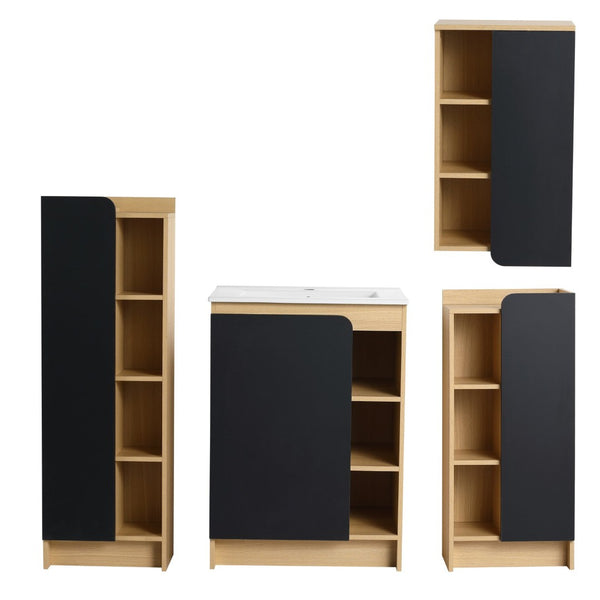 English Elm 4-piece Light Oak Bathroom Set with Ceramic Sink and Dual-tone Storage Cabinets W3450S00112