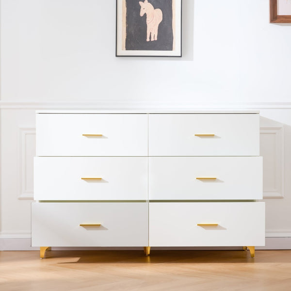 English Elm Six Drawer Elegant White Locker With Gold Accents And Triangular Legs For Modern Stylish Storage W3871P368993-GIGA