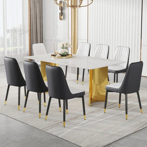 English Elm Table With Glass Top & Gold Accents, 8 Spliced Color Pu Chairs - Modern Dining Set For Any Space W1151S04358-GIGA