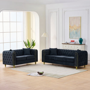 English Elm 3 Piece Chesterfield Velvet Sofa Set Button Tufted with Gold Legs for Living Room Black W3373S00084