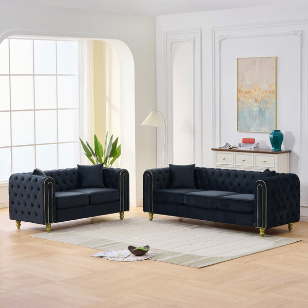 English Elm 3 Piece Chesterfield Velvet Sofa Set Button Tufted with Gold Legs for Living Room Black W3373S00084
