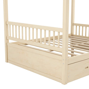 English Elm Wooden Canopy Queen Bed Solid Frame with Built-in Storage Drawers Slatted Base Natural N7090005036N