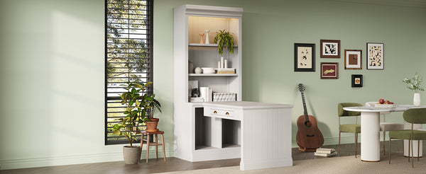 English Elm 83.4"Tall Bookshelf with Writing Desk White – Modern Solid Wood Workstation with LED, Drawer & Adjustable Shelf N751S280597K