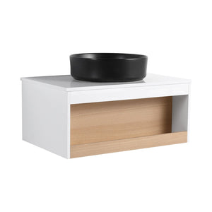 English Elm 30" Floating Wall Mount Bathroom Vanity Open Shelf Ceramic Vessel Sink Modern White Black,White + Light Oak W3450S00057