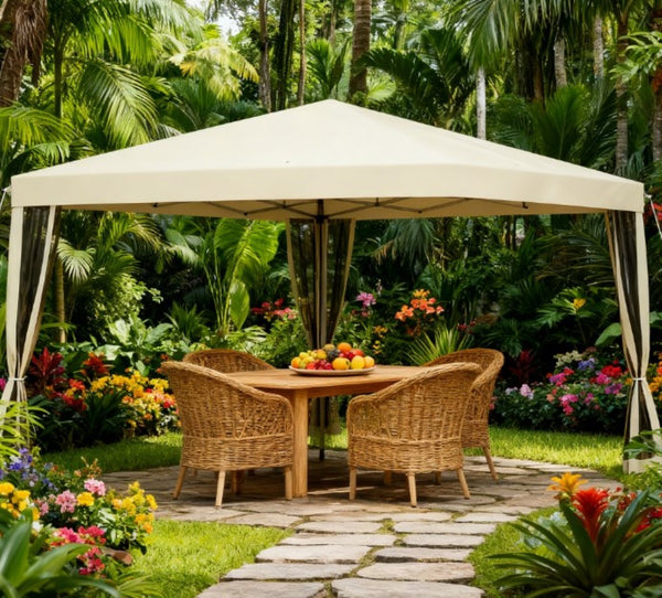 English Elm Height Adjustable 10x10 Pop up Canopy with Mesh Walls Steel Frame Uv Protection Beige T3971P425617