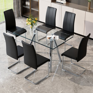 English Elm Tempered Glass Rectangular Dining Set Seats 6 with Chrome Legs and Black Pu Chairs W3875S00045