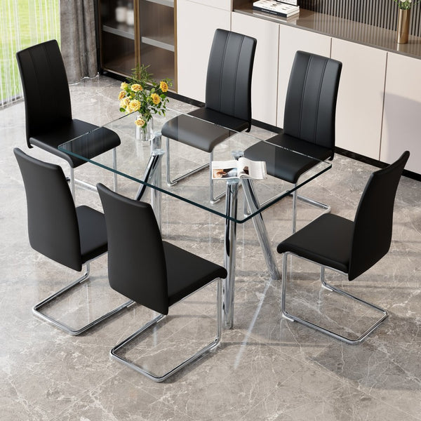 English Elm Tempered Glass Rectangular Dining Set Seats 6 with Chrome Legs and Black Pu Chairs W3875S00045