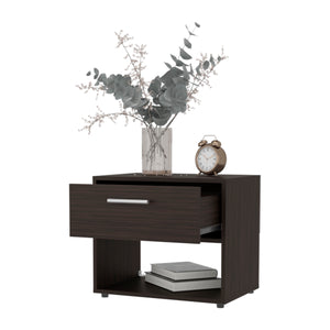 English Elm FM Round Rock Nightstand Stained Walnut with Drawer & Open Shelf, Modern Compact Bedroom Storage B128P283300