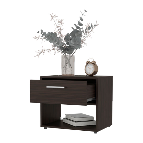 English Elm FM Round Rock Nightstand Stained Walnut with Drawer & Open Shelf, Modern Compact Bedroom Storage B128P283300