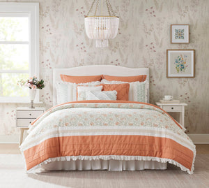 English Elm 9 Piece Cotton Percale Comforter Set - Charming Coral Queen Bedding With Shabby Chic Design & Pillows B03596894