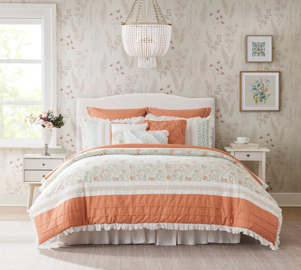 English Elm 9 Piece Cotton Percale Comforter Set - Charming Coral Queen Bedding With Shabby Chic Design & Pillows B03596894