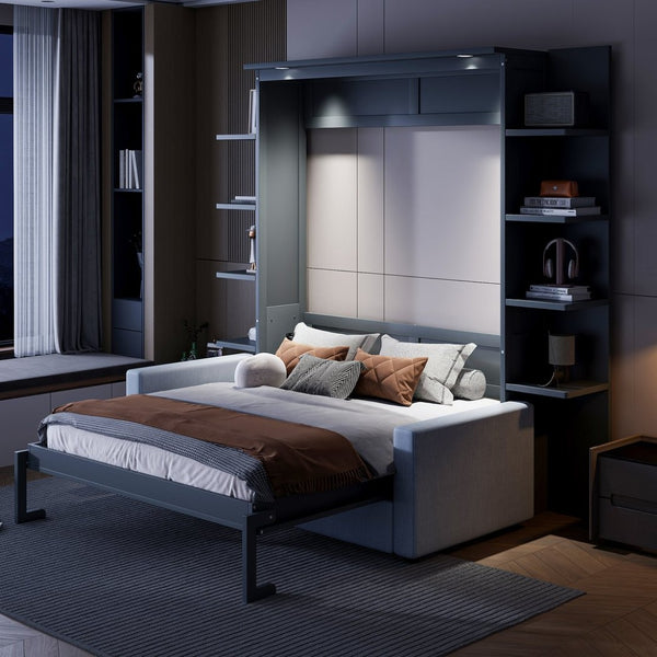English Elm Queen Murphy Bed with Integrated Sofa Space Saving Fold Down Cabinet for Studio Living Gray LP000591AAE-1