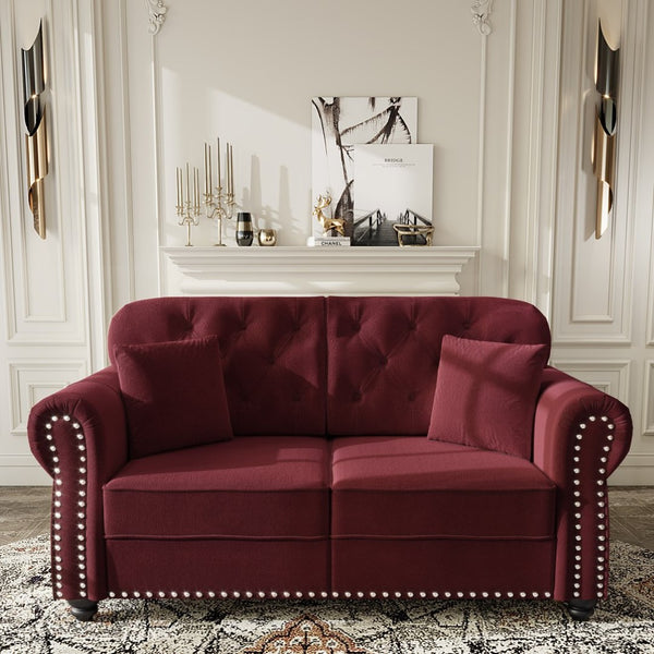 English Elm 63"upholstered Velvet Loveseat with Button Tufting Brass Nailhead Trim Mid-century Chesterfield Burgundy W1885S00378