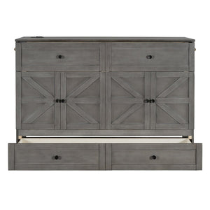 English Elm Queen Murphy Wall Bed with Usb Ports Storage Drawers and Cabinet Style Panel Front Gray N708S00006AAE