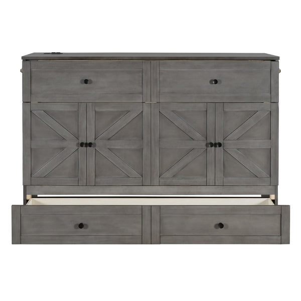 English Elm Queen Murphy Wall Bed with Usb Ports Storage Drawers and Cabinet Style Panel Front Gray N708S00006AAE