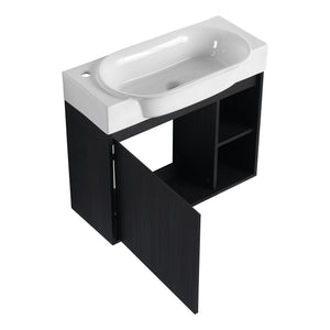 English Elm 28'' Wall-Mounted Bathroom Vanity with Glossy White Ceramic Sink, Soft-Close Doors, Water-Resistant Plywood Finish (Easy Assembly, KD Packing) W999P310767